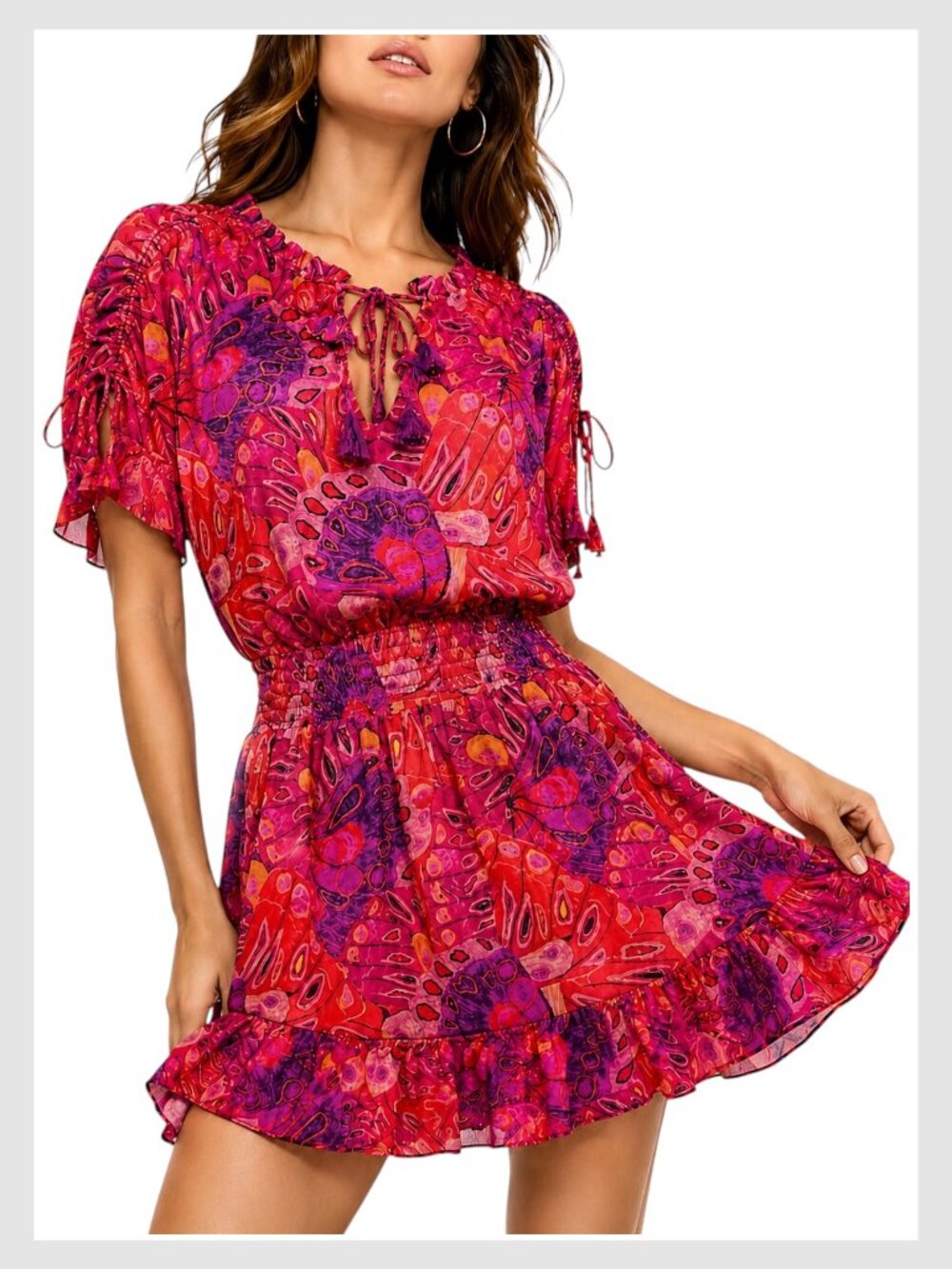 MISA Los Angeles Dominique Mini Dress Red Pink Smocked Ruffle XL